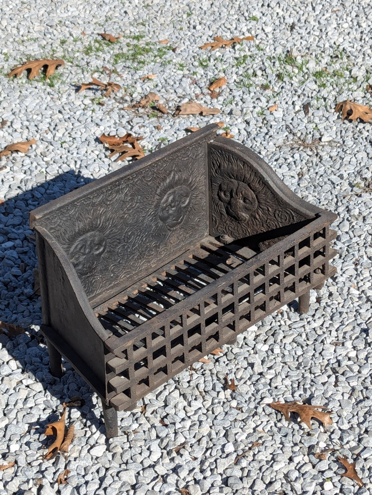 Fantastic Antique Lion Head Fireplace Insert Grate Log Holder Cast Iron 22" Wide