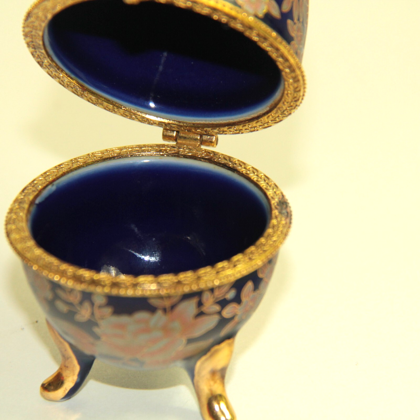 3.75" Floral Egg Trinket Box Cobalt Blue w Pink Flowers & Gold Cloisonne Look