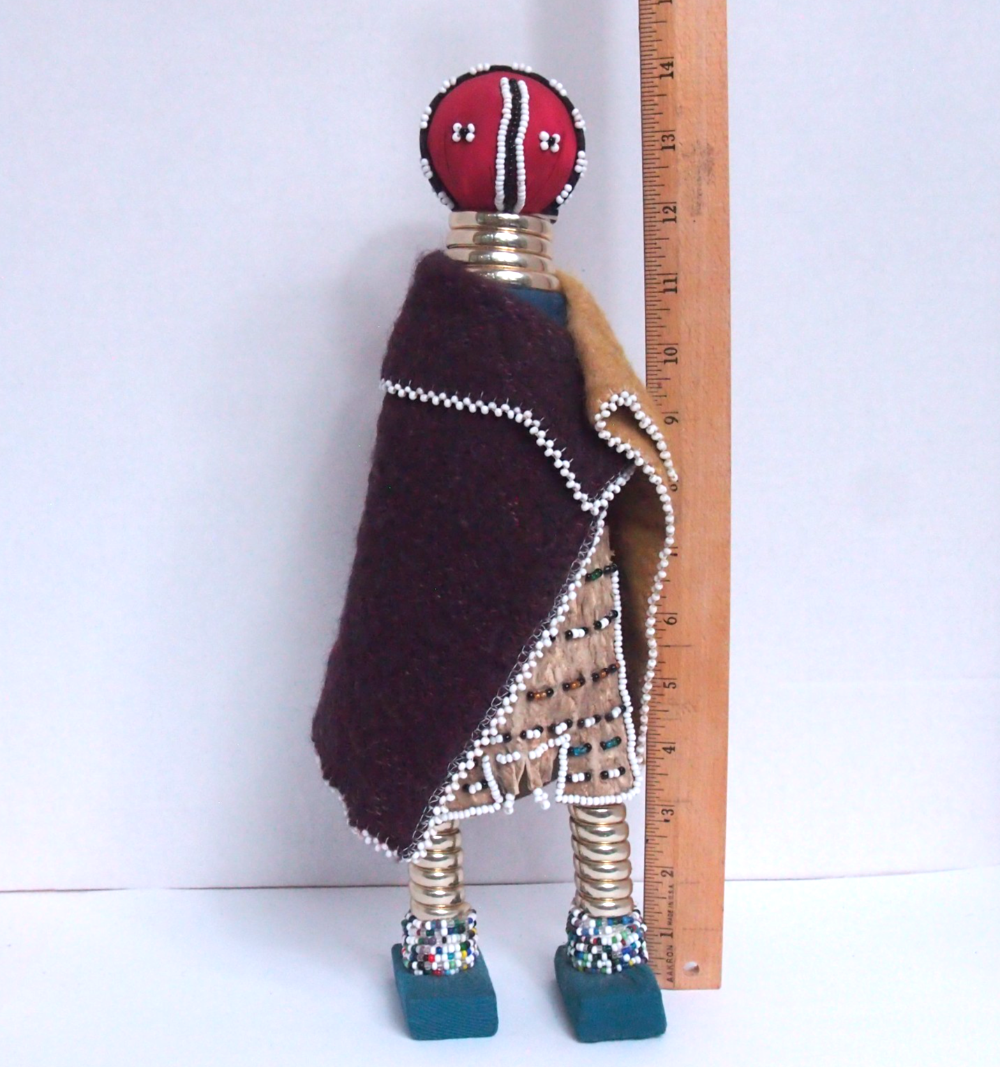 African Ndebele Beaded Fertility Doll • 14" Handmade Tribal Wool, Leather, Metal