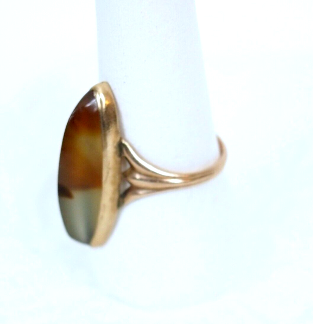 30's Antique 10k Rose Gold Long Banded Agate Miller-Steinau Navette Ring