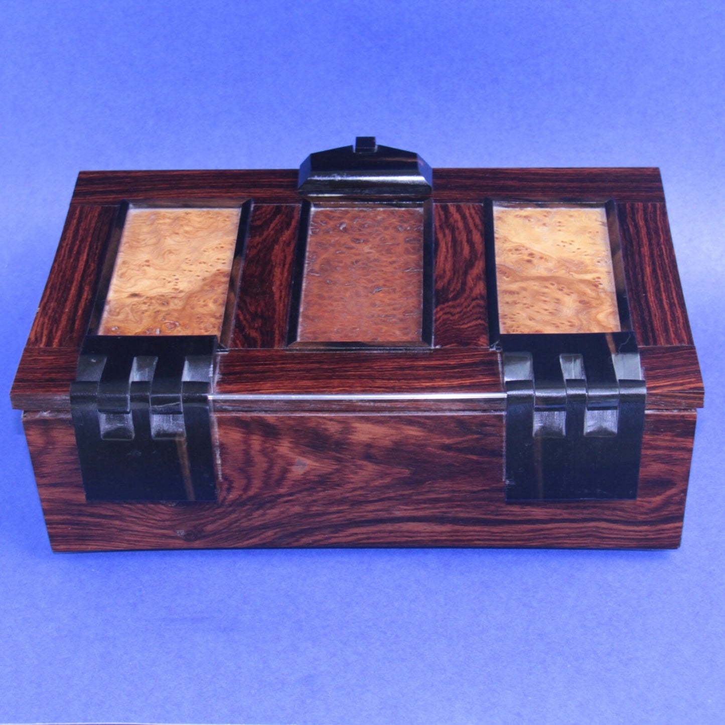 Handmade Wood Writing Box Boyce England – Ebony, Bird’s Eye Maple & Burlwood 13"