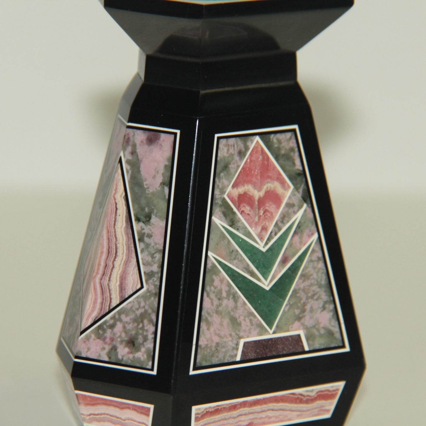 Multi-Stone Inlay Intarsia Vase Black Onyx w Rhodochrosite Thulite & Adventurine