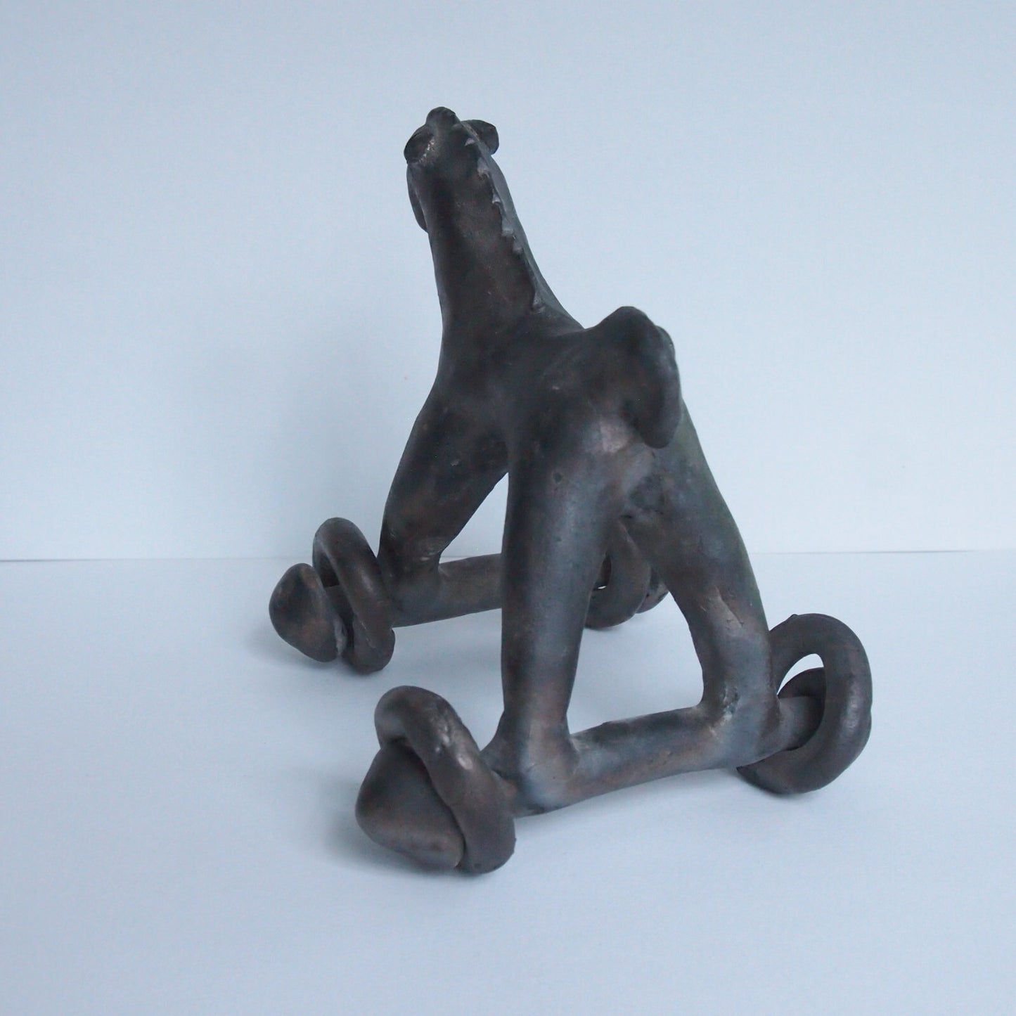 Vintage Black Terracotta Wheeled Horse Toy Open Fire Pottery Bangladesh 6”