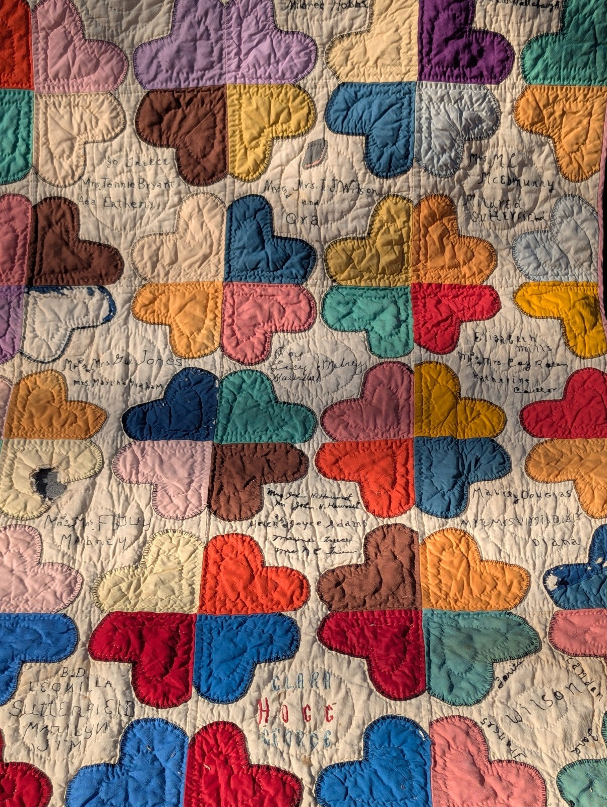 Antique Hand-Stitched Family Tree Heart Quilt Mabrey Hogg Ruff Treece Griffin