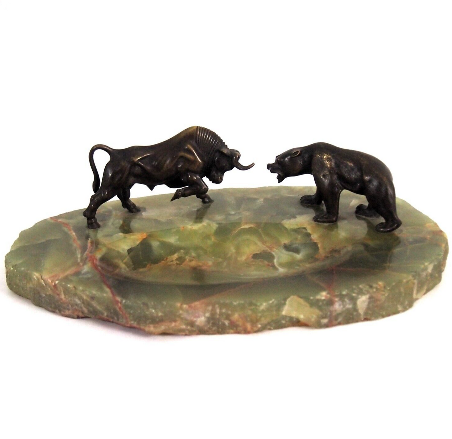 Antique Bronze Bull & Bear Green Alabaster Tray ā Stock Market Desk Art ā MCM āØ