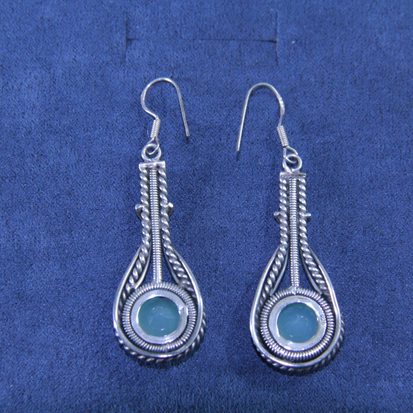 Sterling Silver Aqua Chalcedony Dangle Drop Earrings 2.25" Long - Blue Green
