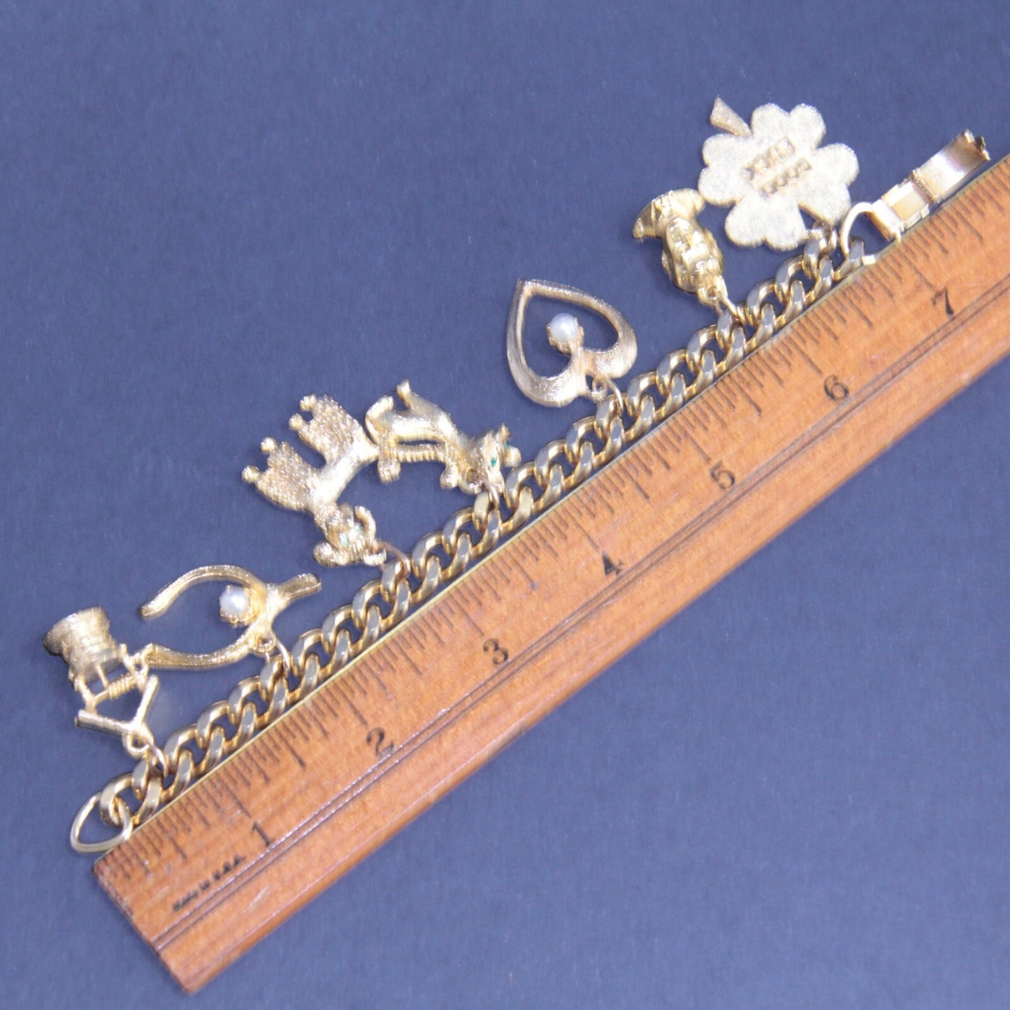 Vintage Mid-Century Gold Tone Charm Bracelet Good Luck JFK Cat Dog Wishing Well