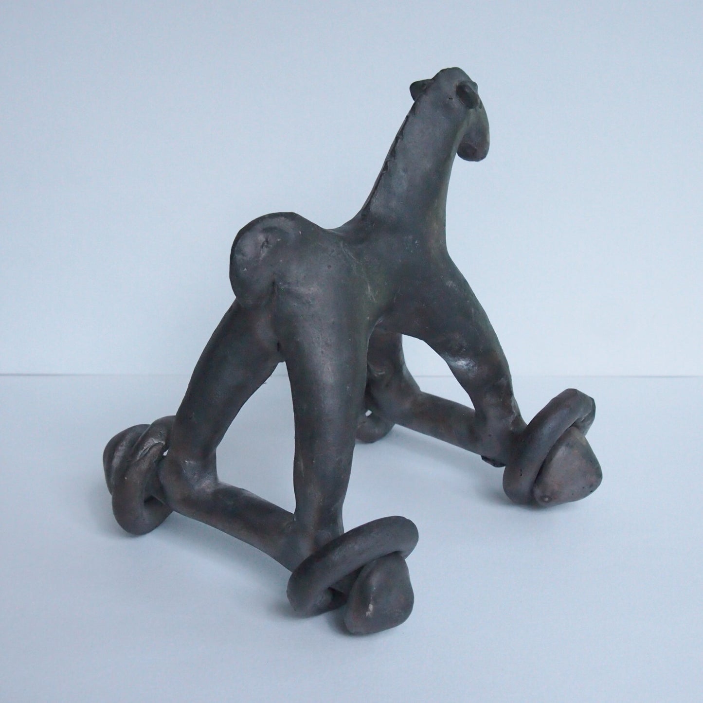 Vintage Black Terracotta Wheeled Horse Toy Open Fire Pottery Bangladesh 6”