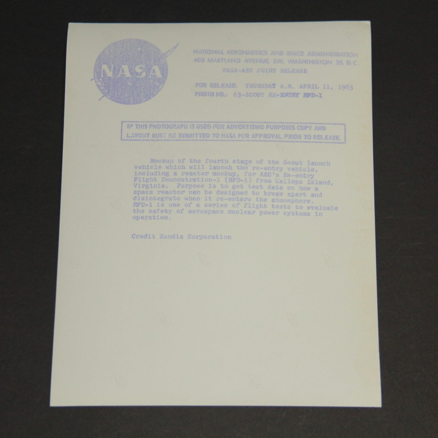 NASA PRESS RELEASE 63–Scout Re-Entry RFD-1 Mock-Up 8x10 Photo - Purple Print 🚀