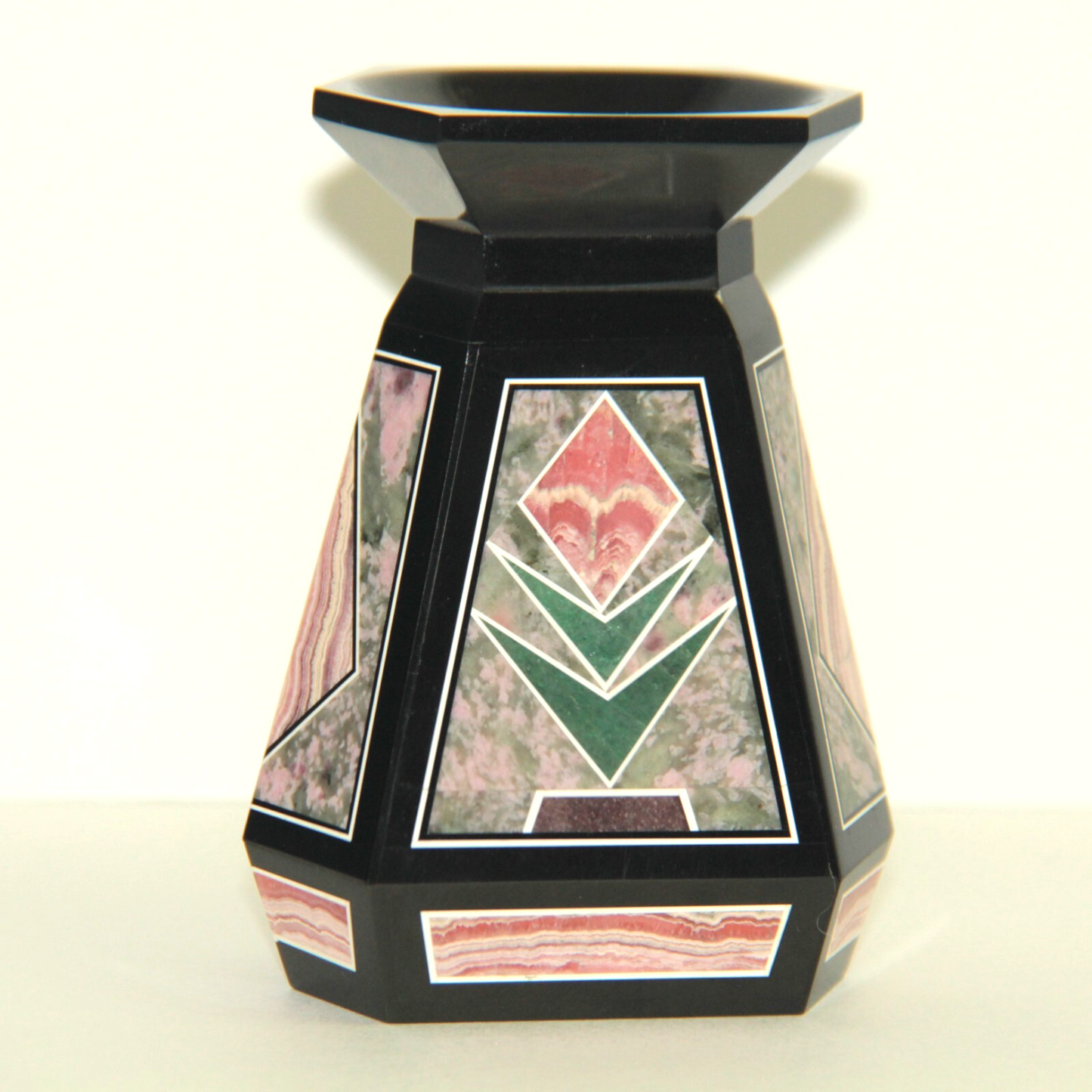 Multi-Stone Inlay Intarsia Vase Black Onyx w Rhodochrosite Thulite & Adventurine