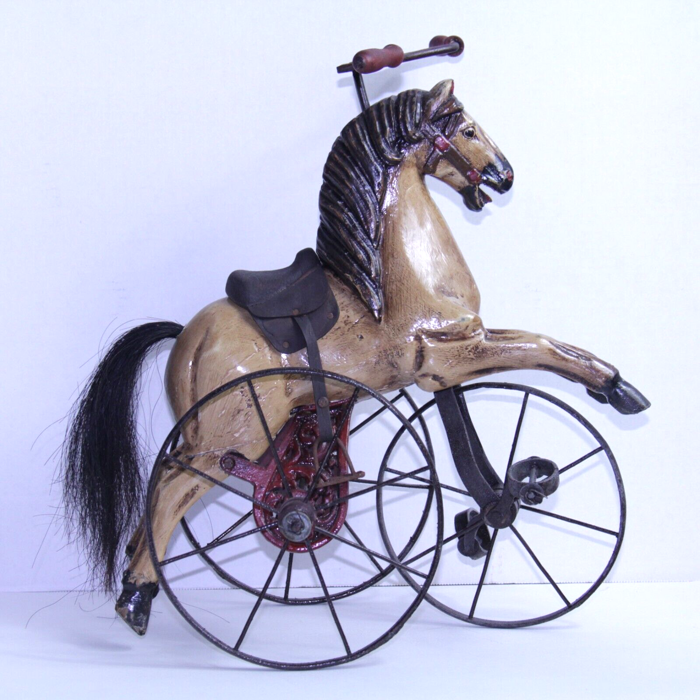Antique Carousel Horse Tricycle Velocipede w Leather Saddle & Cast Iron Wheels