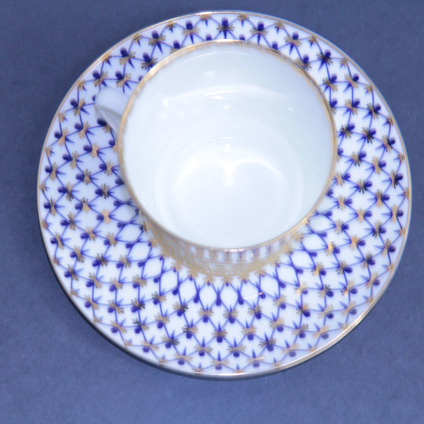 Lomonosov Russian "Cobalt Net" Blue St. Petersburg Porcelain Tea Cup & Saucer