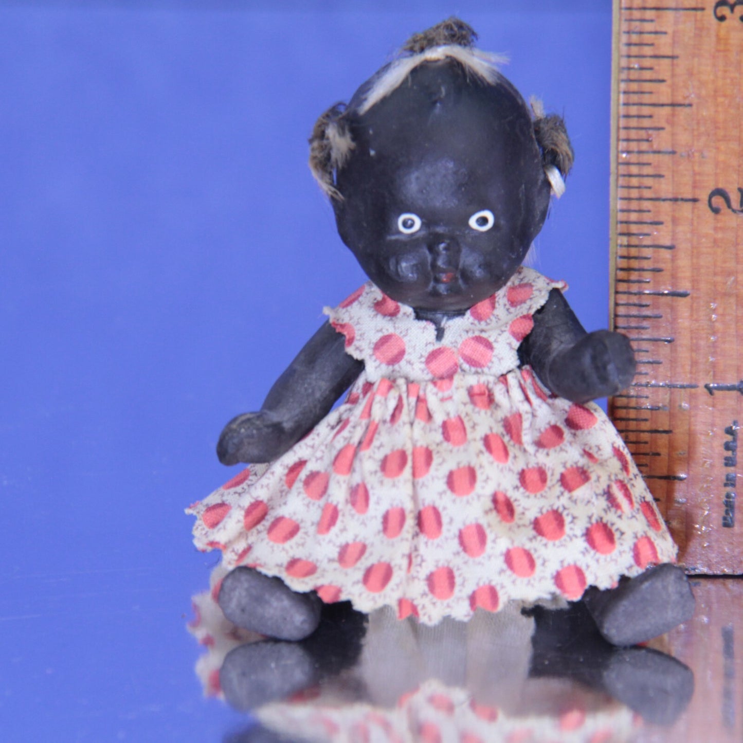 Antique 4" Black Bisque Doll "Topsy" w Original Dress – Folk Art ✨