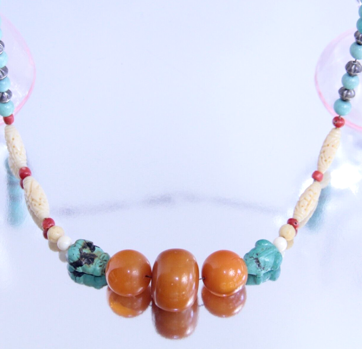 Bakelite Sterling Silver & Natural Turquoise Beaded Necklace Butterscotch 26" ✨