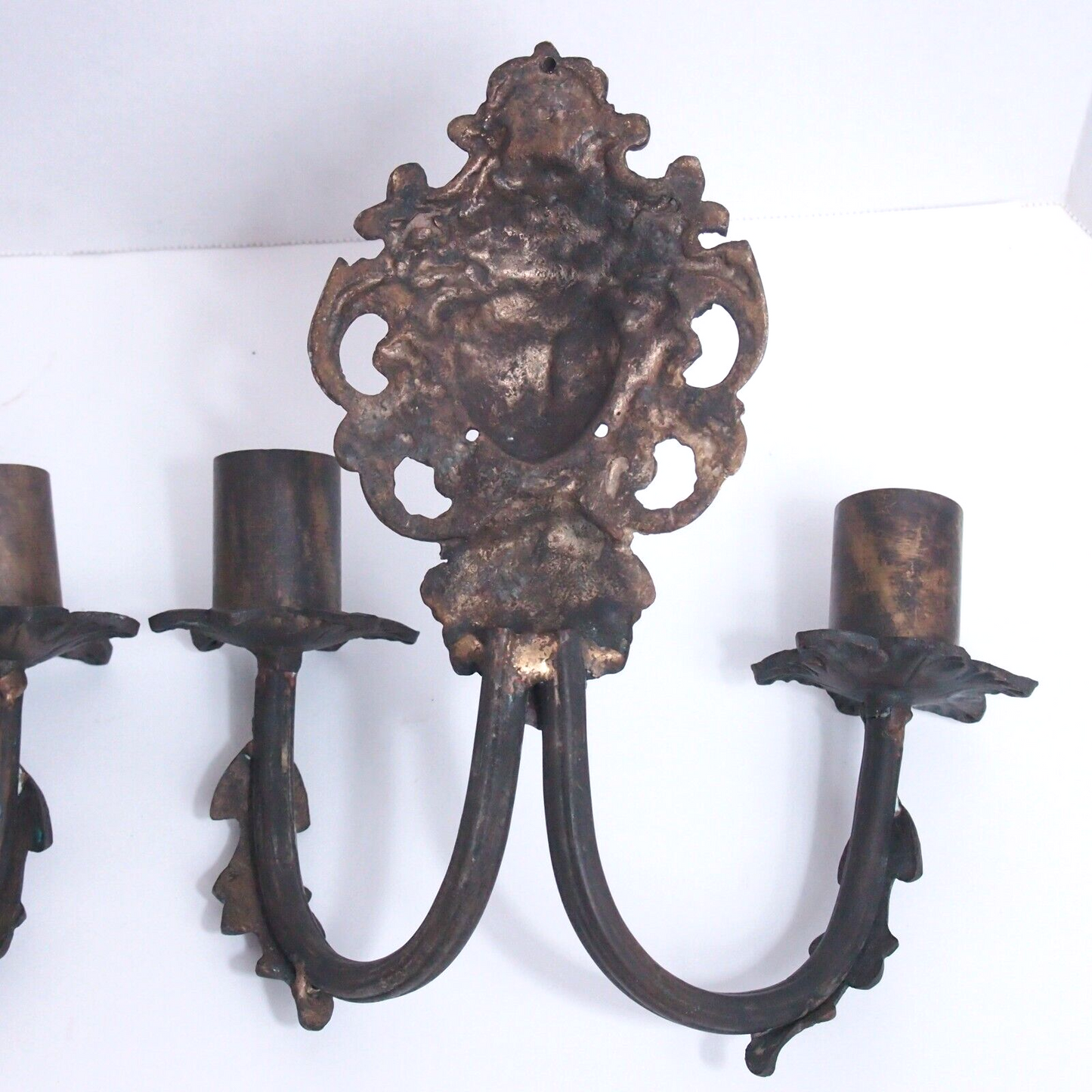 Antique Figural Face Cast Bronze Wall Sconces - 9" Pair