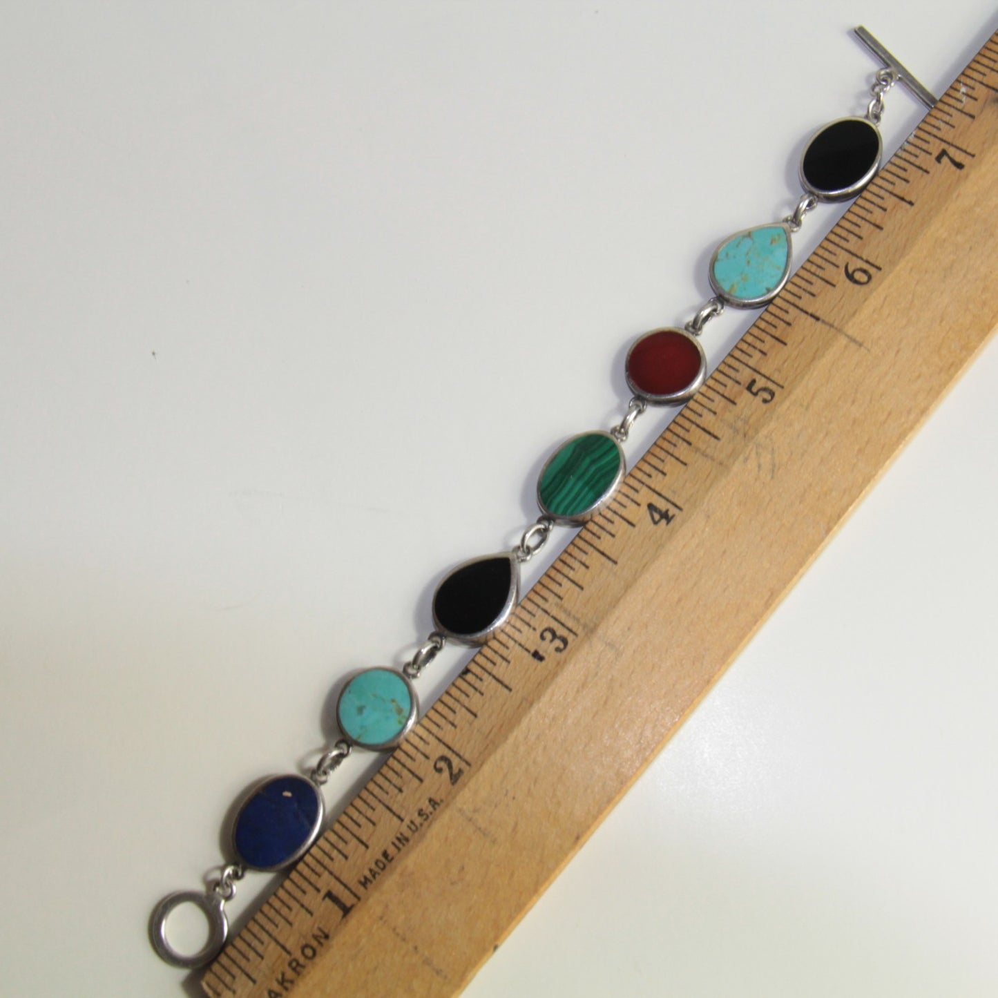 Sterling Silver GEMSTONE BRACELET Bezel Set Stone Link Turquoise Onyx Jasper 7"
