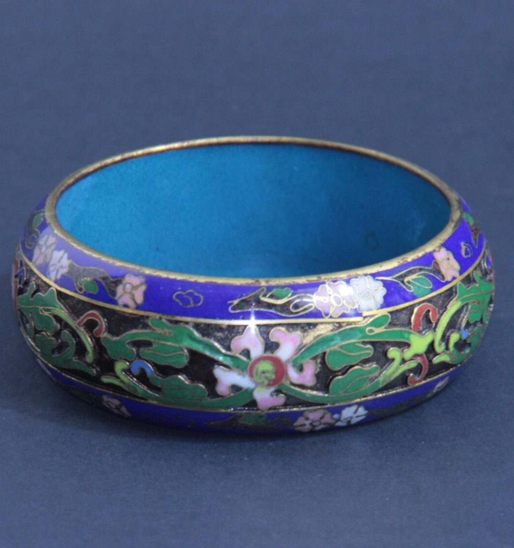 Chinese Cloisonne Cobalt Blue Enamel Floral Brass Extra Wide Bangle Bracelet