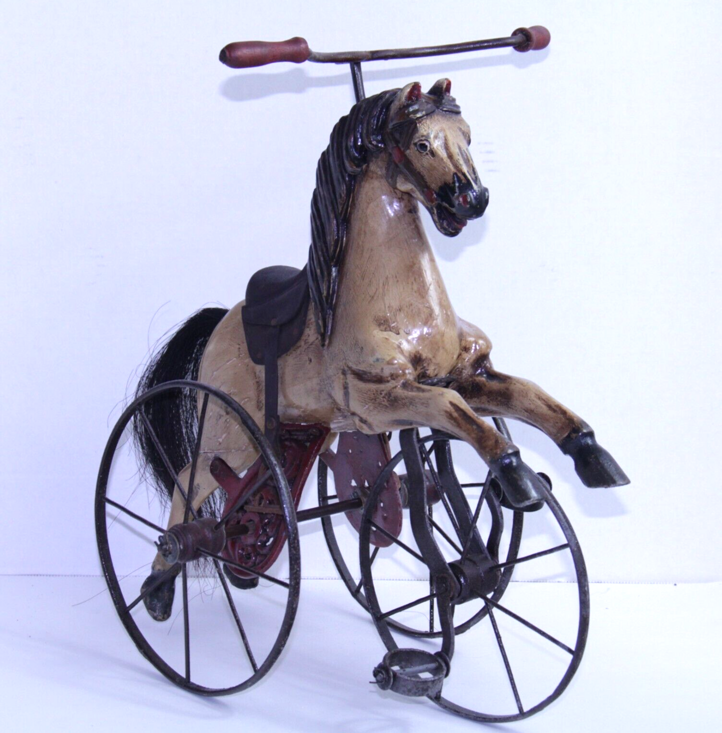 Antique Carousel Horse Tricycle Velocipede w Leather Saddle & Cast Iron Wheels