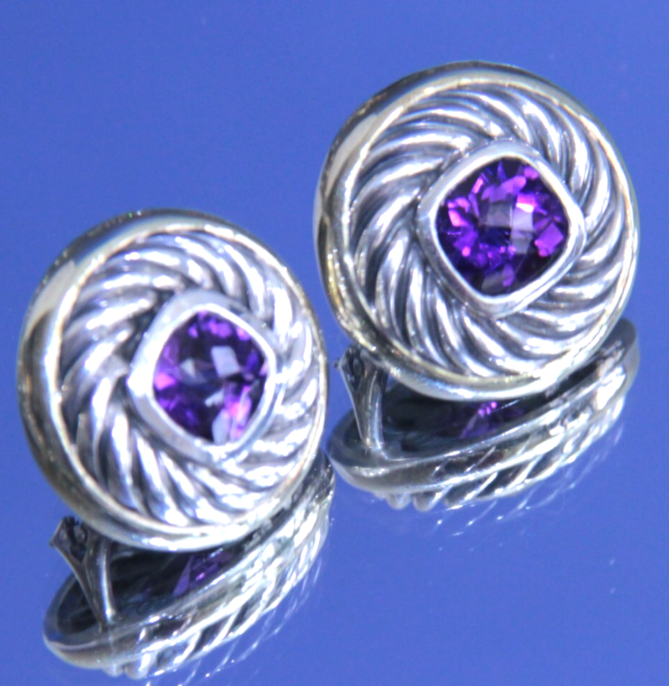 Authentic David Yurman Cable Earrings Amethyst 14K Sterling Silver RARE DESIGN