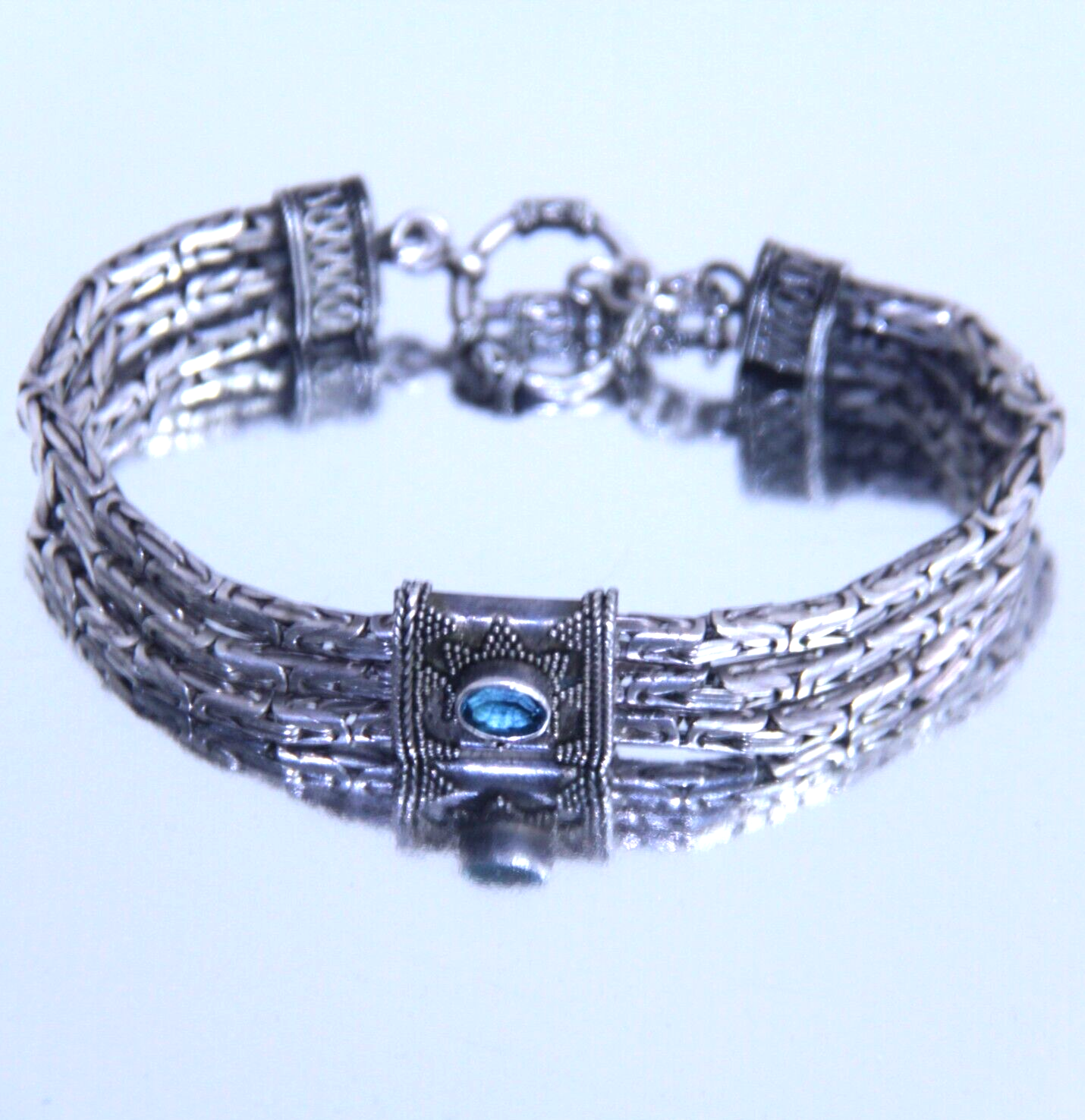 Vintage Sterling Silver 3-Strand Byzantine Bracelet w Topaz 8.25" | 50.7g | 925