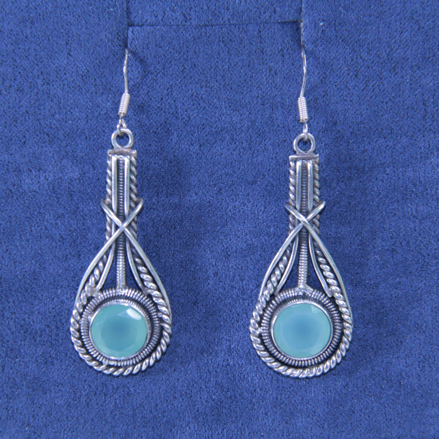 Sterling Silver Aqua Chalcedony Dangle Drop Earrings 2.25" Long - Blue Green