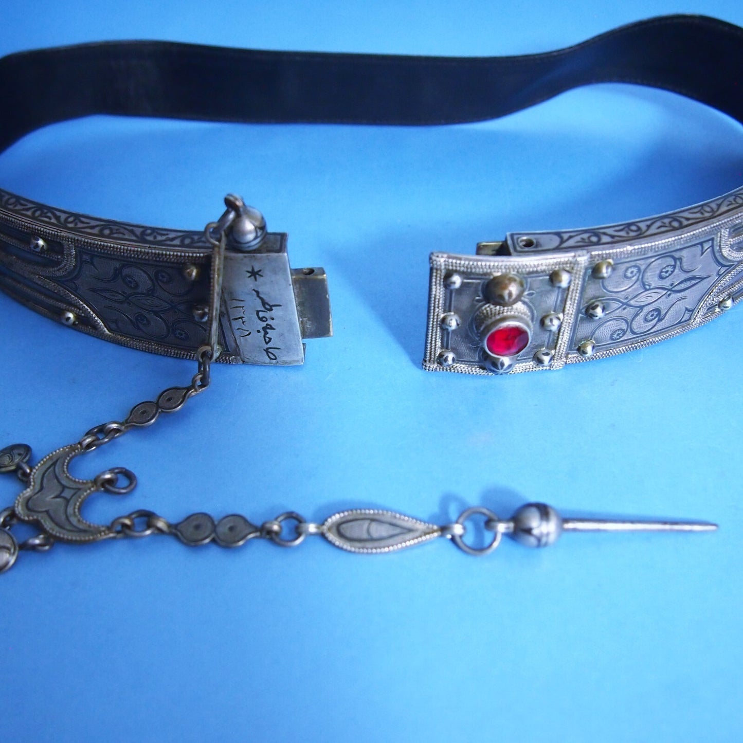 Early 1900s Niello Inlay Wedding Belt – White Metal & Bronze – 26” Ceremonial