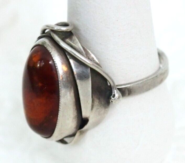 Vintage Modernist .925 Sterling Silver & Amber Cabochon Ring Size 6.5 Signed SD