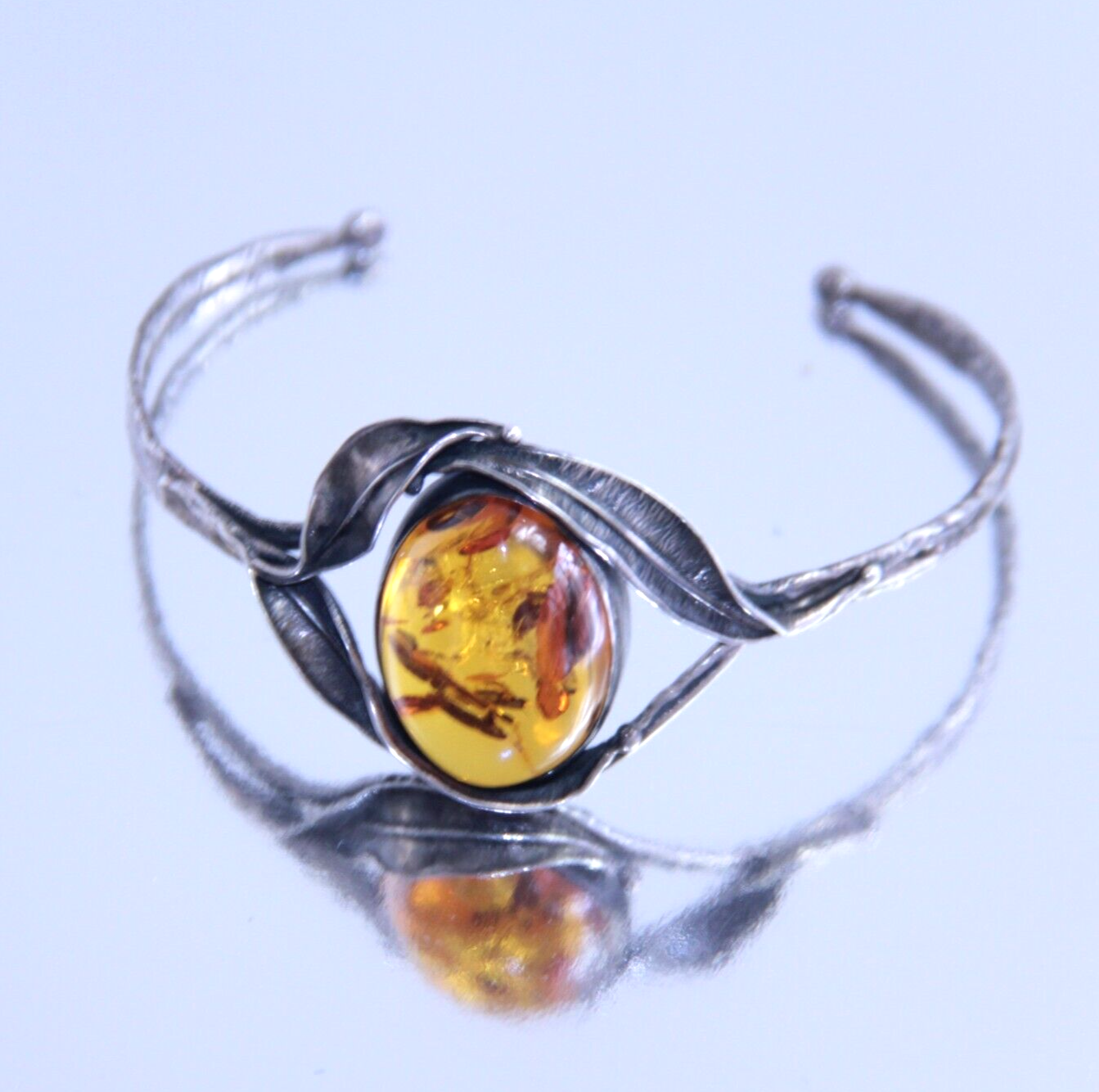 Antique Sterling Silver Baltic Amber Brutalist Hand Hammered Bracelet 16.2g .925