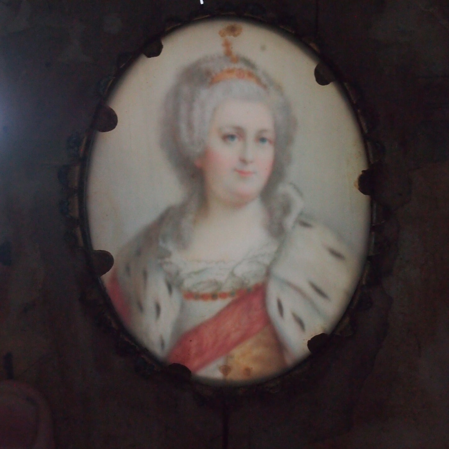 19th c. Hand-Painted Catherine the Great Miniature Portrait – Bone Frame