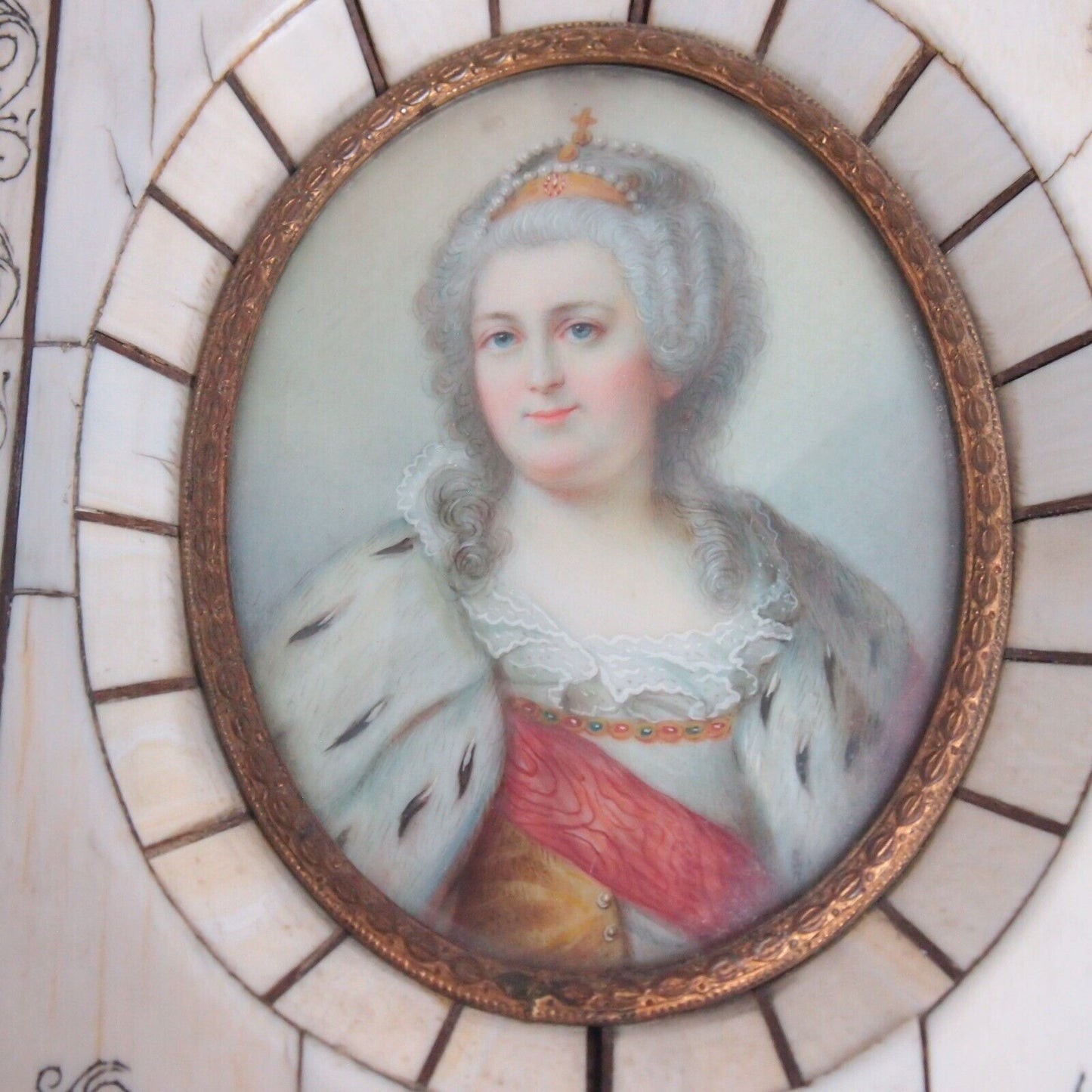 19th c. Hand-Painted Catherine the Great Miniature Portrait – Bone Frame