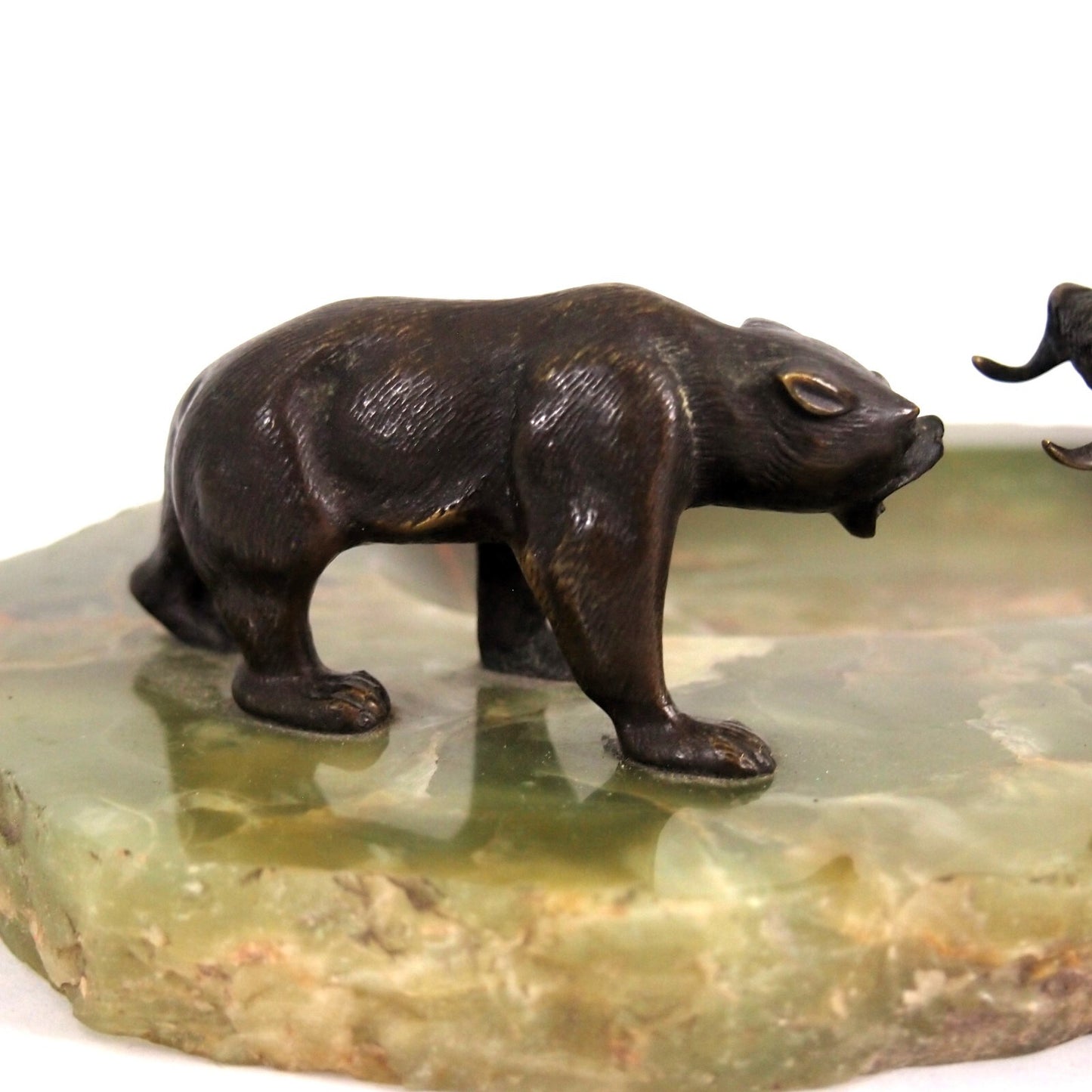 Antique Bronze Bull & Bear Green Alabaster Tray ā Stock Market Desk Art ā MCM āØ