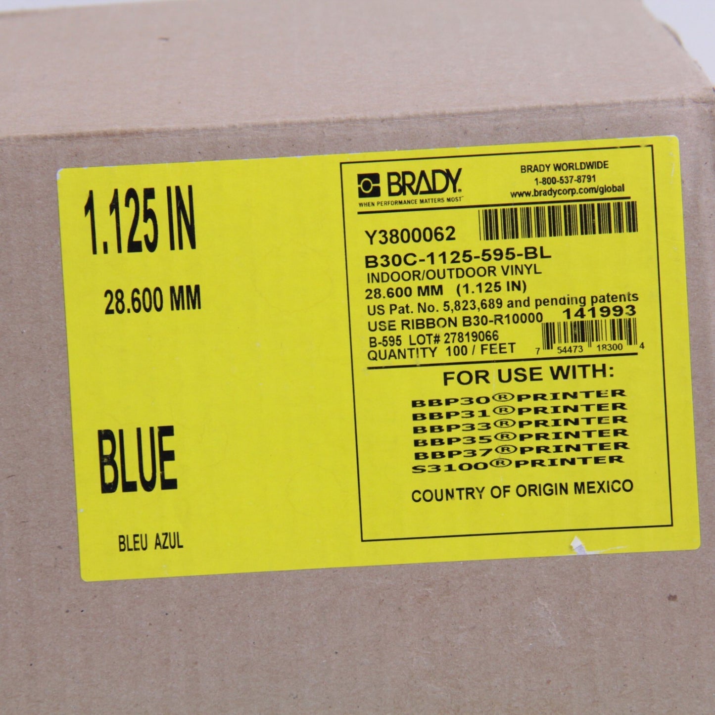 Brady Vinyl Tape Roll B30C-1125-595-BL Blue β 1.125" x 100 ft Indoor/Outdoor