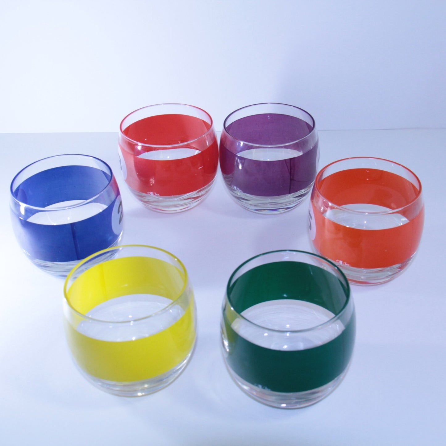 6 Vintage MCM Lowball Bar Glasses Billiard Pool Ball Cera Roly Poly 🎱Full Set!