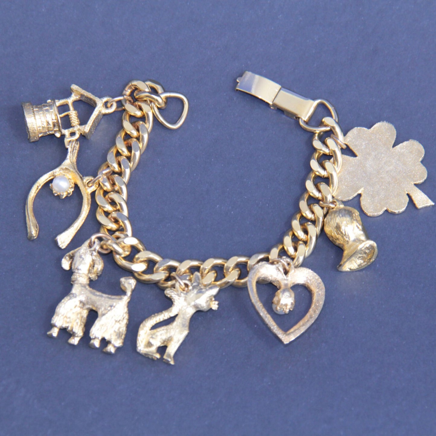 Vintage Mid-Century Gold Tone Charm Bracelet Good Luck JFK Cat Dog Wishing Well