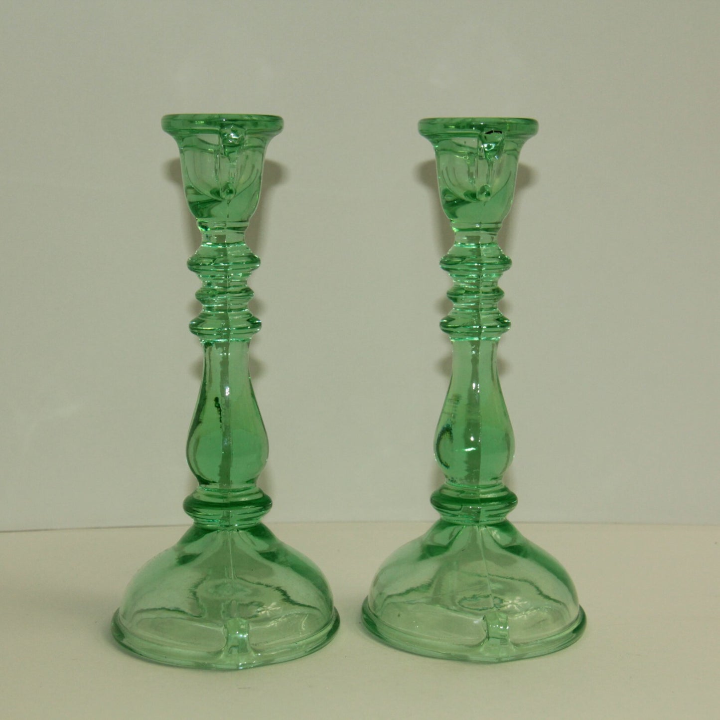 Antique Imperial Vaseline Glass Double Scroll Candlesticks 8.5" UV Reactive