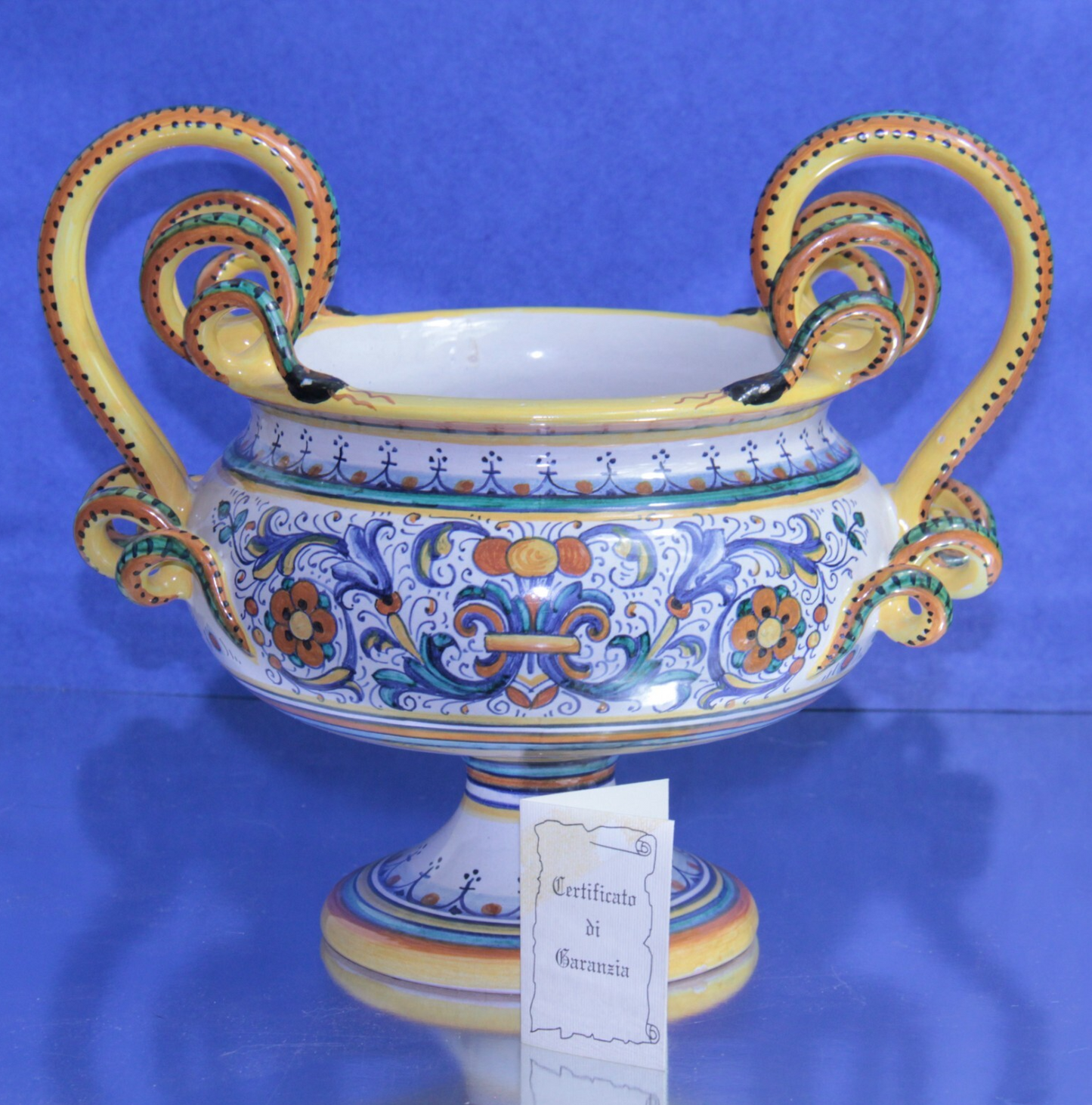 Deruta Raffaellesco Majolica Jardiniere Bowl Hand-Painted w Serpentine Handles