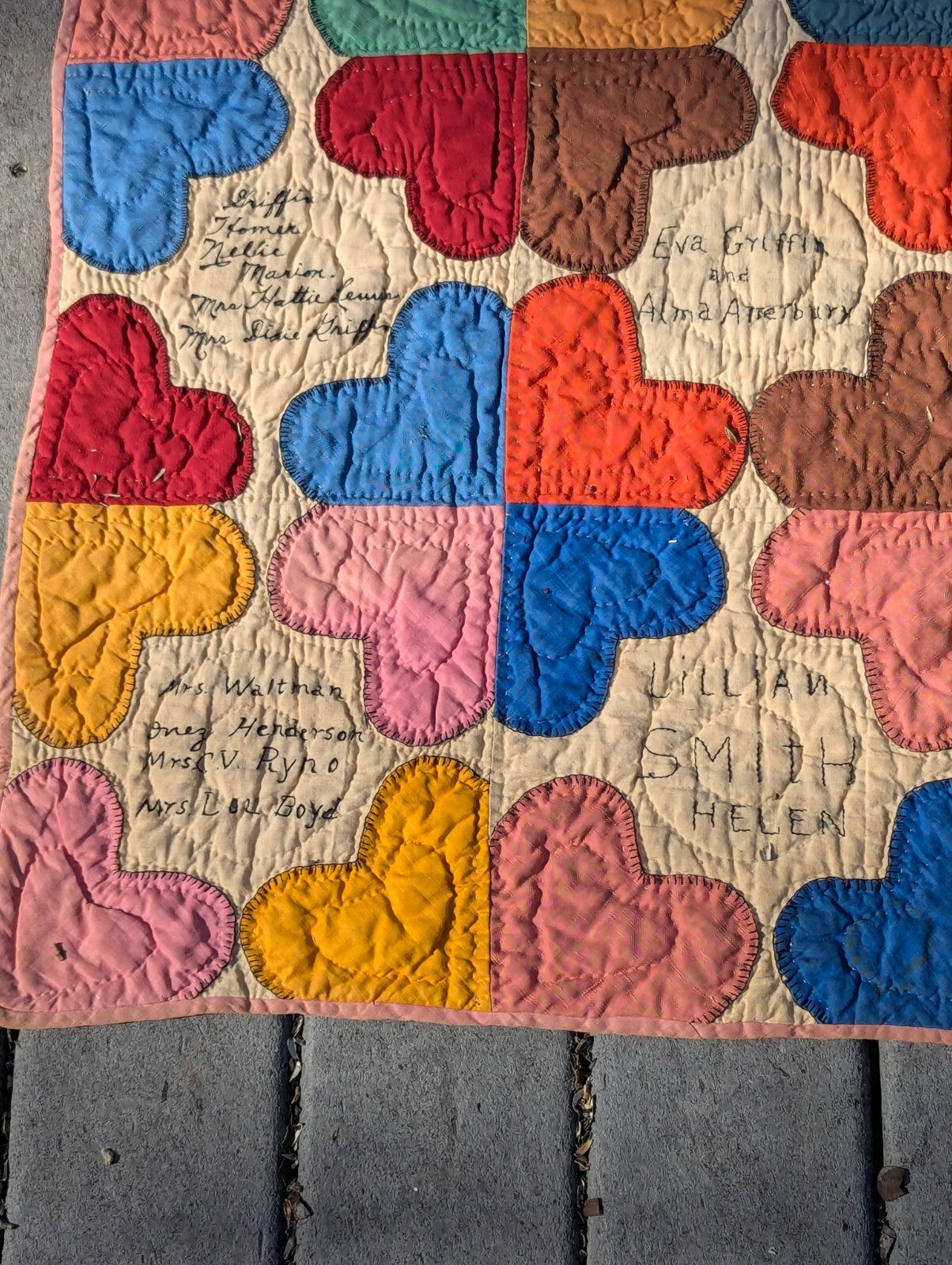 Antique Hand-Stitched Family Tree Heart Quilt Mabrey Hogg Ruff Treece Griffin