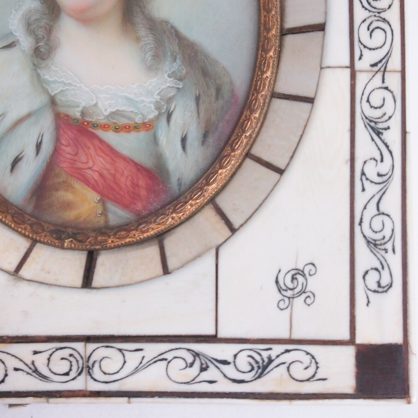 19th c. Hand-Painted Catherine the Great Miniature Portrait – Bone Frame