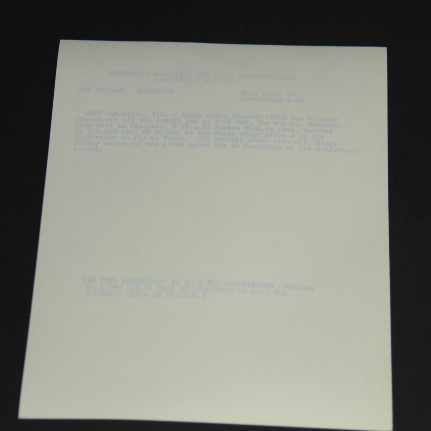 🚀 NASA PRESS RELEASE 62–Mariner I–14 Atlas Agena Launch 8x10 Photo Purple Print