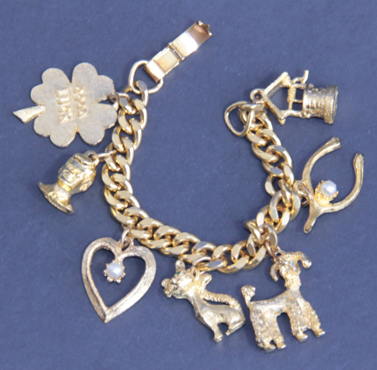 Vintage Mid-Century Gold Tone Charm Bracelet Good Luck JFK Cat Dog Wishing Well