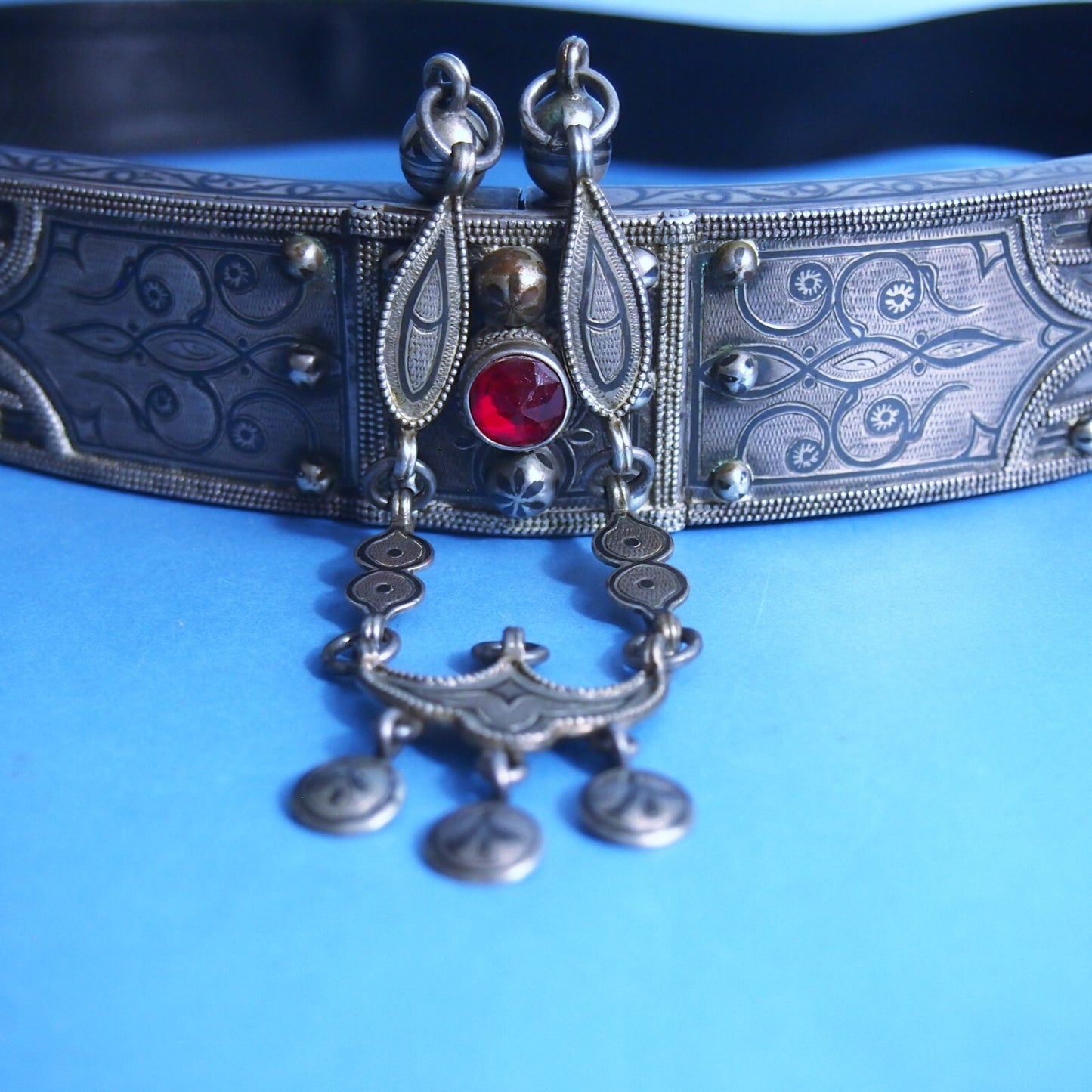 Early 1900s Niello Inlay Wedding Belt – White Metal & Bronze – 26” Ceremonial