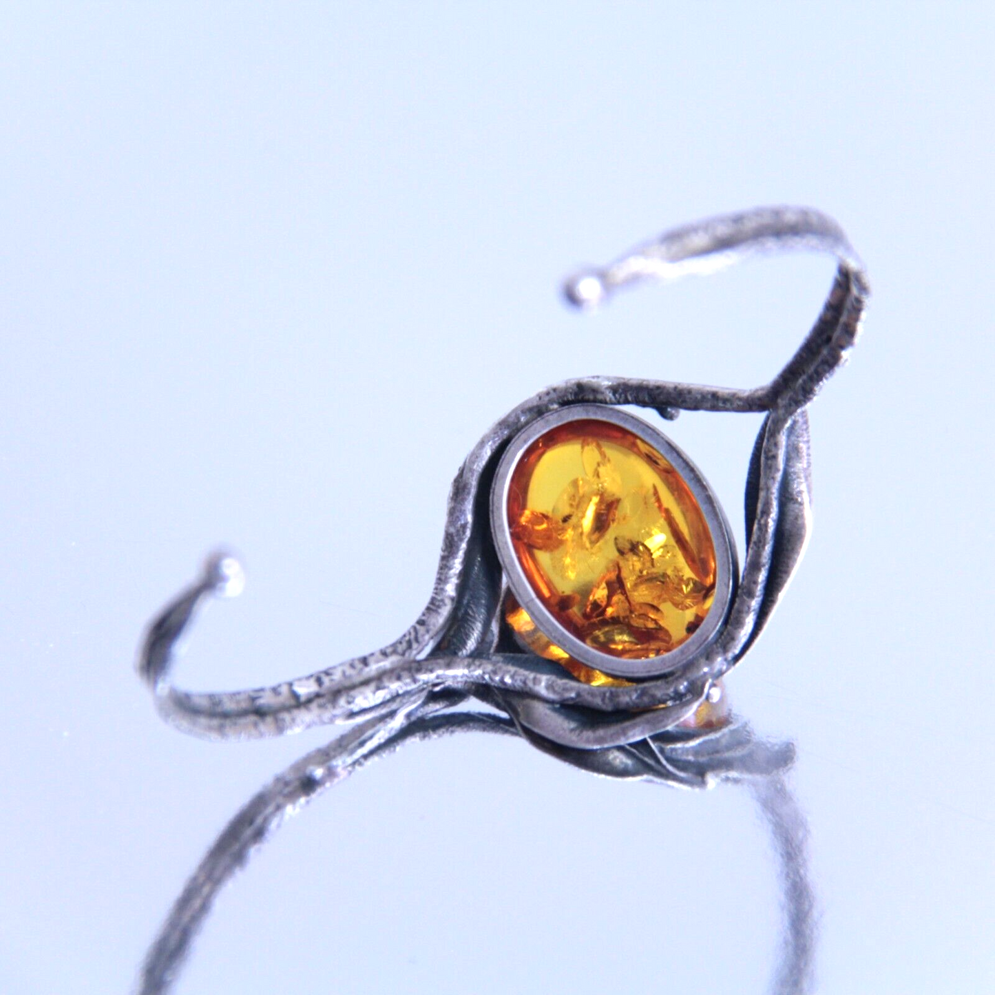 Antique Sterling Silver Baltic Amber Brutalist Hand Hammered Bracelet 16.2g .925