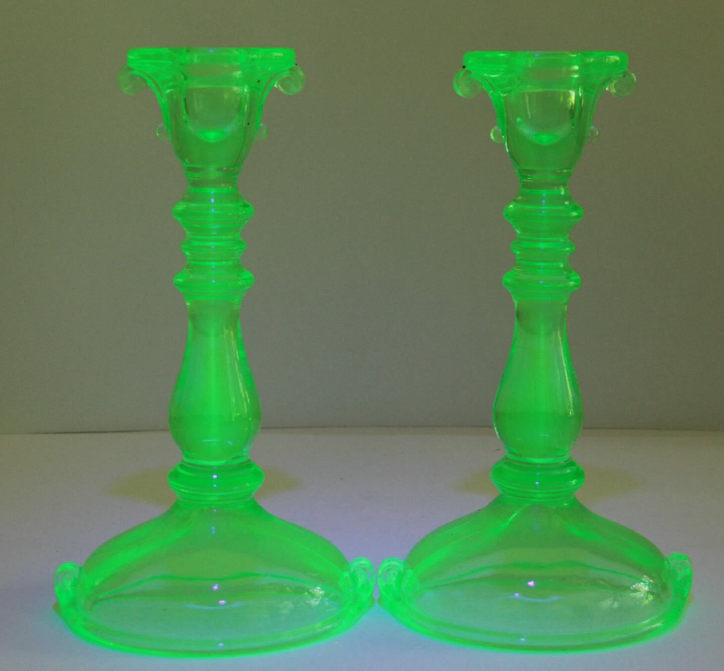 Antique Imperial Vaseline Glass Double Scroll Candlesticks 8.5" UV Reactive