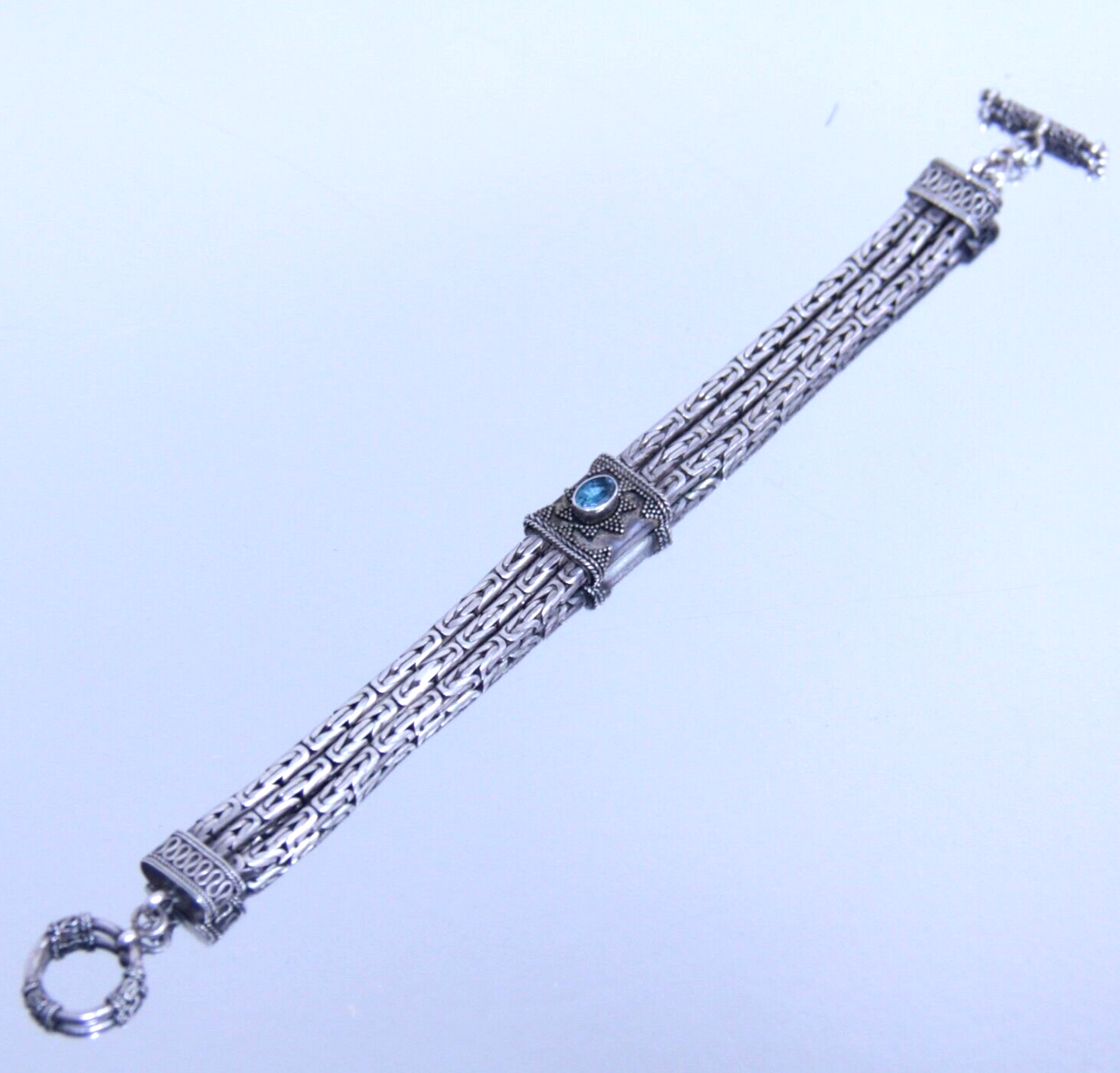 Vintage Sterling Silver 3-Strand Byzantine Bracelet w Topaz 8.25" | 50.7g | 925