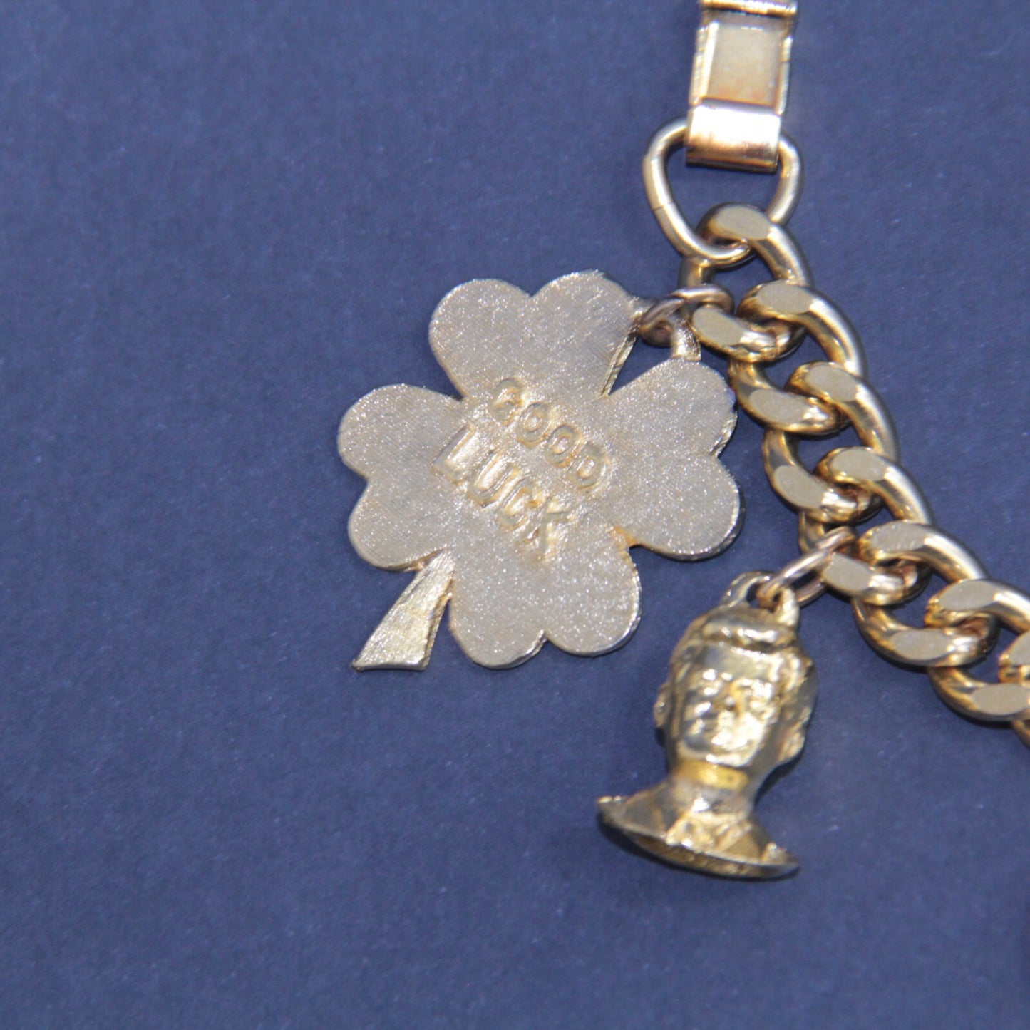 Vintage Mid-Century Gold Tone Charm Bracelet Good Luck JFK Cat Dog Wishing Well