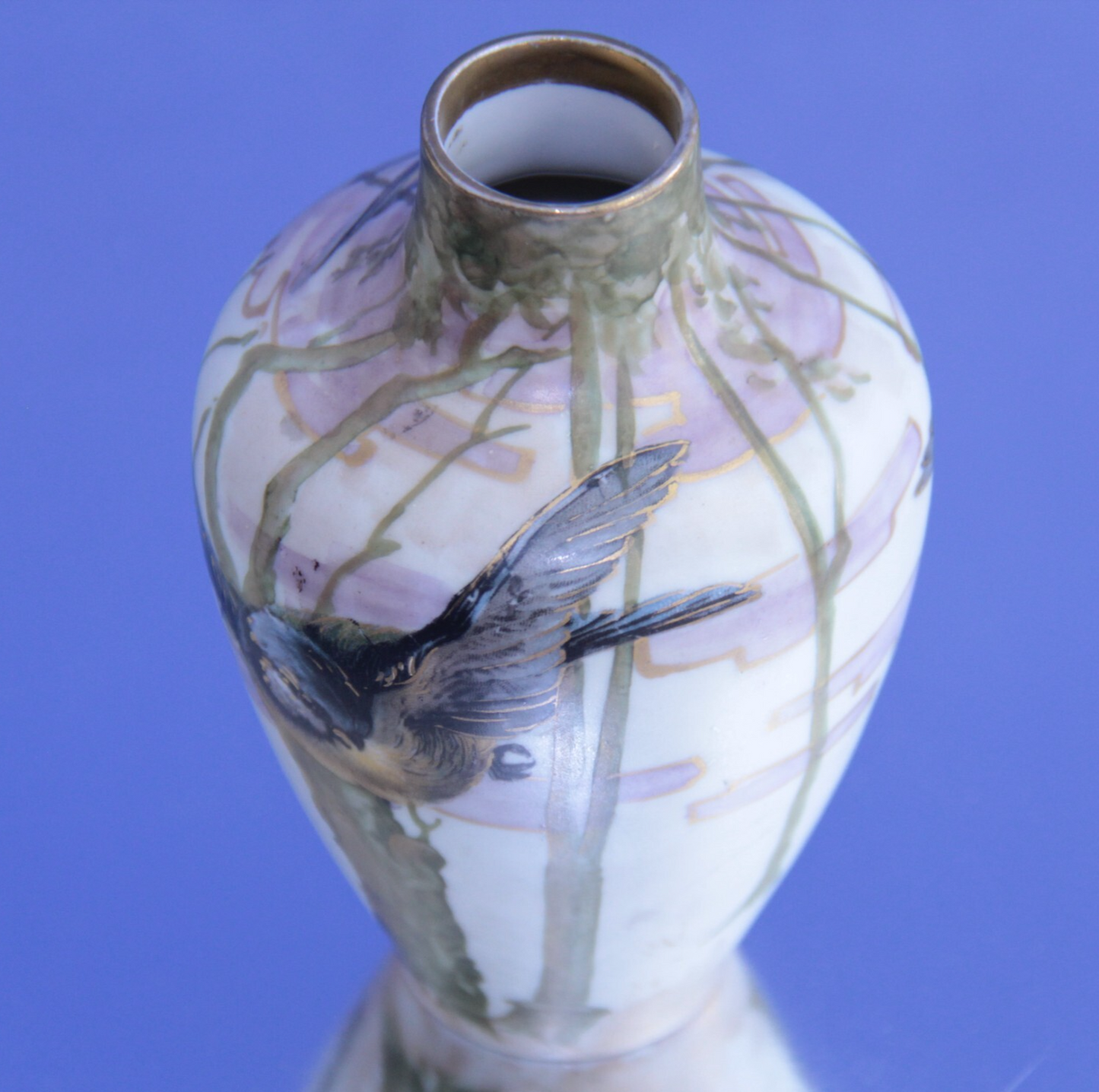 Ernst Wahliss Art Nouveau Gilt Earthenware Vase โ Spring Landscape w Sparrow