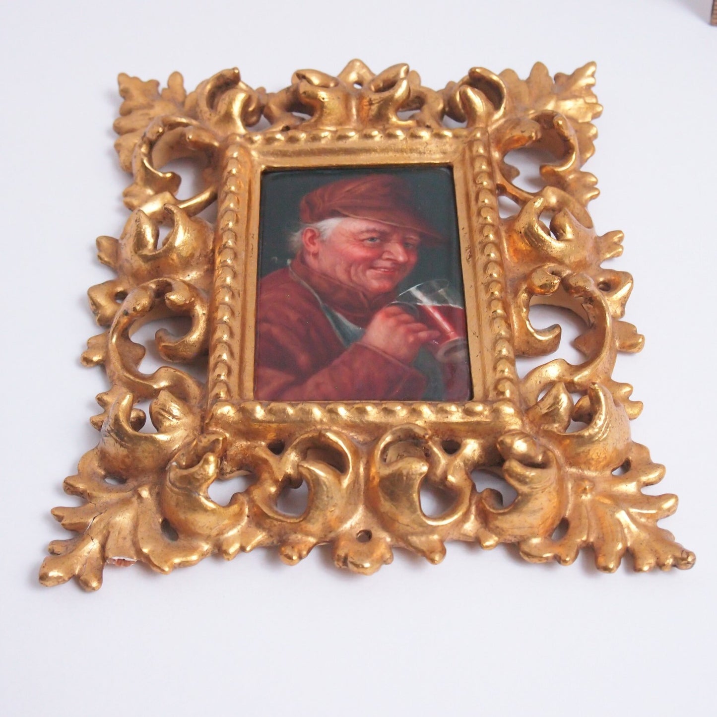 Hand Painted German Porcelain Miniature Portrait After Grutzner Gilt Gold Frame