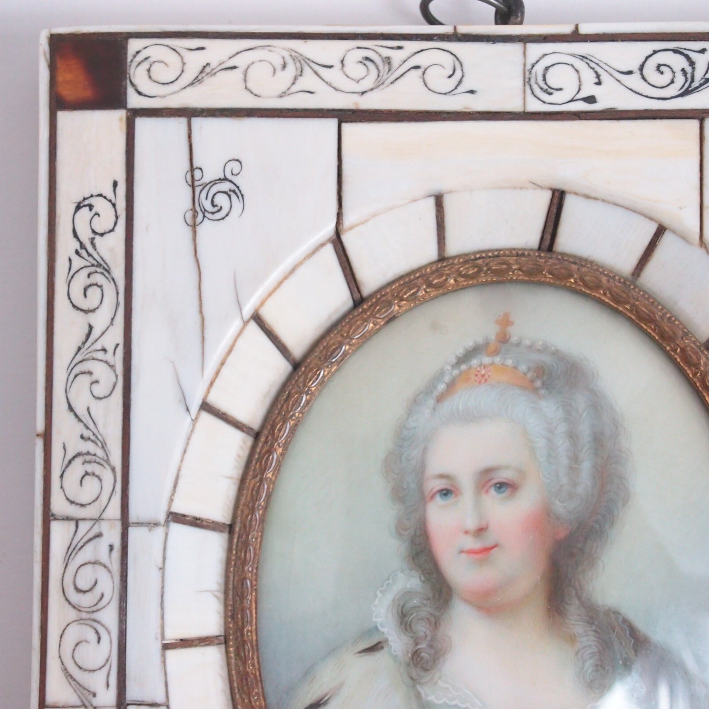 19th c. Hand-Painted Catherine the Great Miniature Portrait – Bone Frame