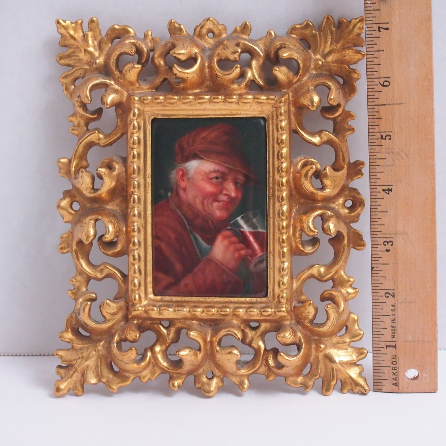 Hand Painted German Porcelain Miniature Portrait After Grutzner Gilt Gold Frame