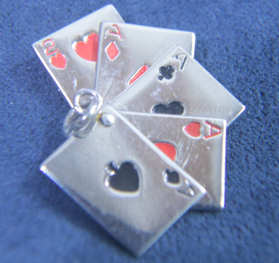Vintage Sterling Silver Moveable Charm Wells Enamel Hand Of Cards | Quad Aces